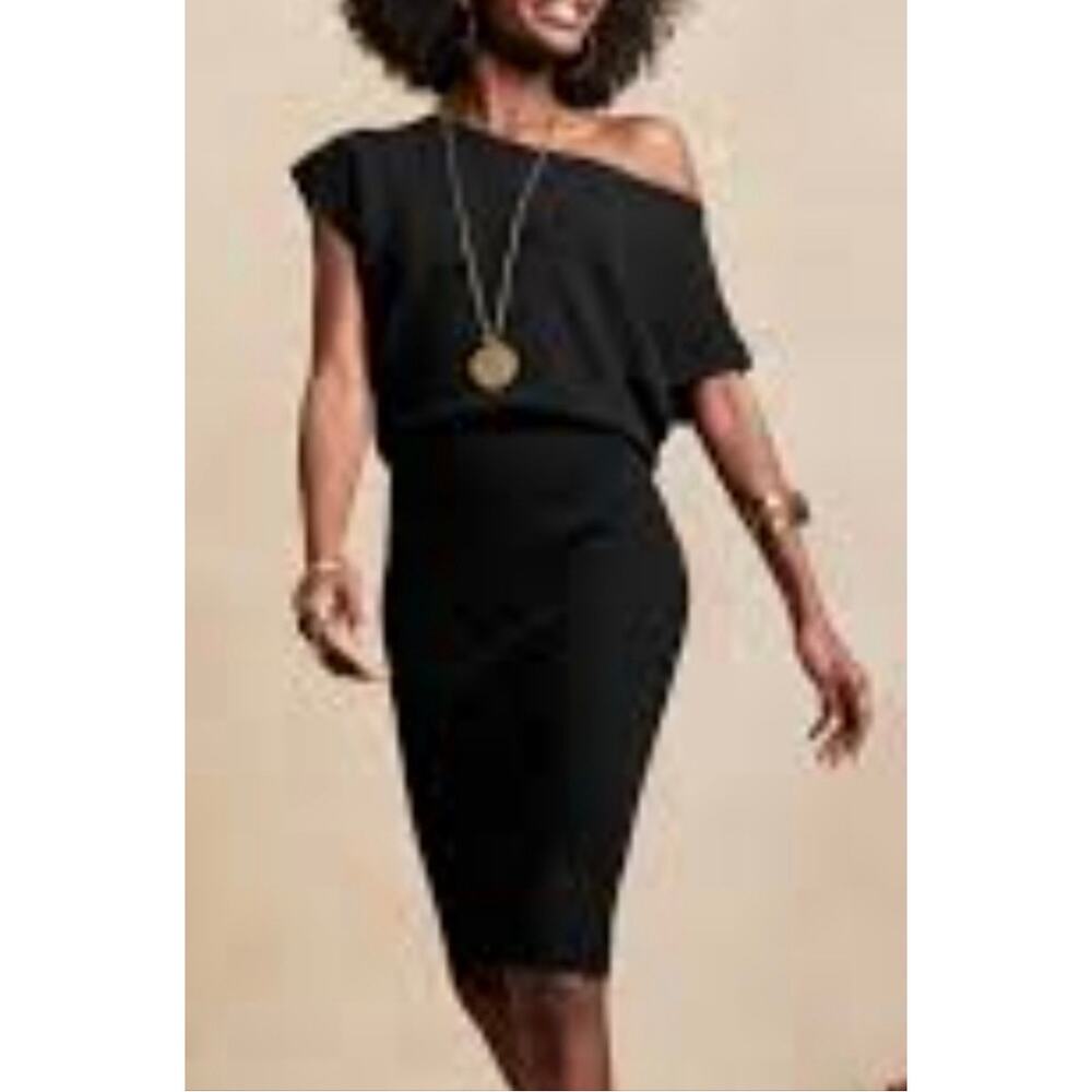Banana Republic Black One-Shoulder Blouson Sheath Dress